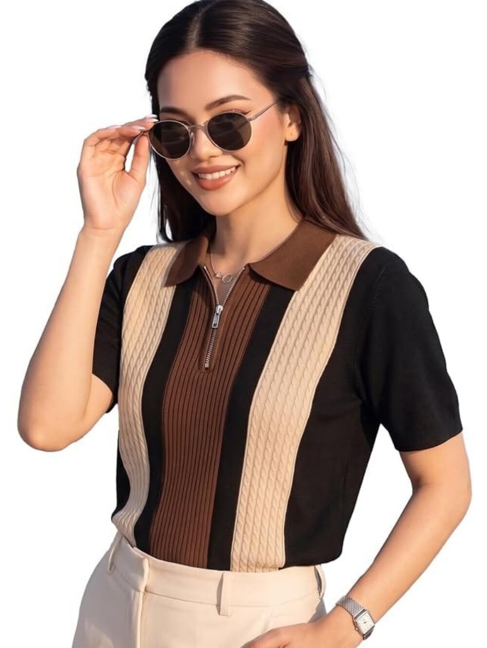 Classic Colorblock Knit Polo Top in Black, Brown & Cream